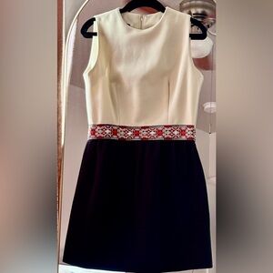 Ivory and Black Sleeveless Mini Dress with Red Pattern Embellished Waist